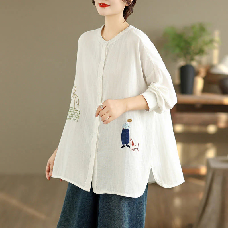 Buddha Stones Fall Embroidery Human Figure Dog Pattern Round Neck Buttons Women's Long Sleeve Shirt