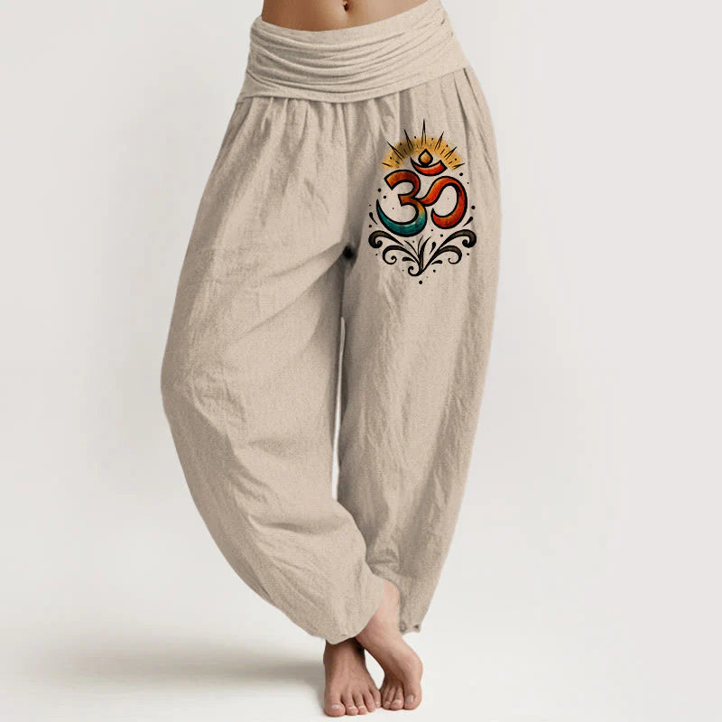Buddha Stones Om Symbol Light Pattern Women's Elastic Waist Harem Cotton Pants