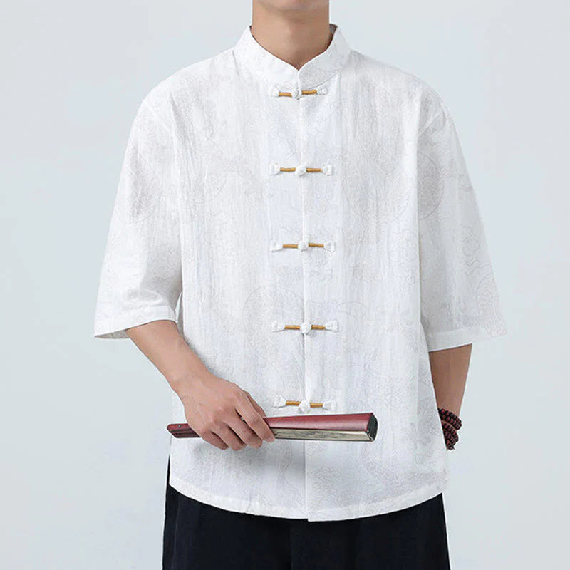Buddha Stones Summer Dragon Auspicious Clouds Pattern Tang Suit Men's Frog-Button Half Sleeve Cotton Shirt