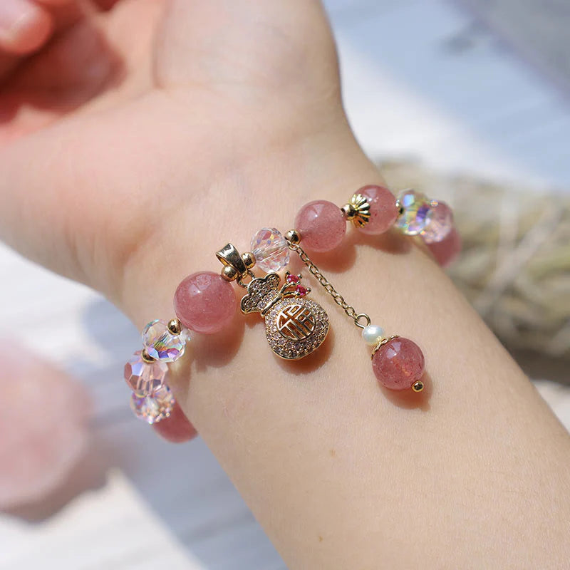 FREE Today: Love Healing Natural Strawberry Quartz Money Bag Charm Positive Bracelet