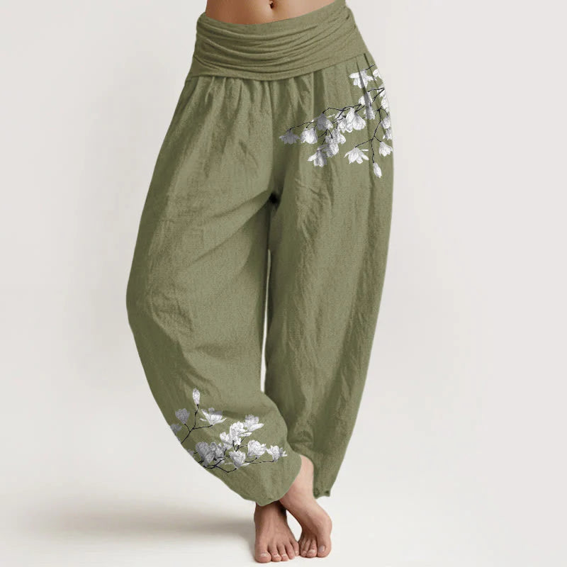 Buddha Stones Pure Cotton Minimalist Style Magnolia Flower Pattern Women's Elastic Waist Harem Pants