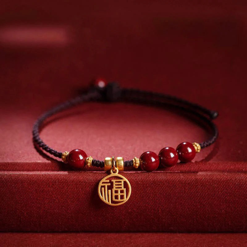 Buddha Stones Cinnabar Bead Fu Character Charm Blessing Braided String Bracelet (Extra 30% Off | USE CODE: FS30)