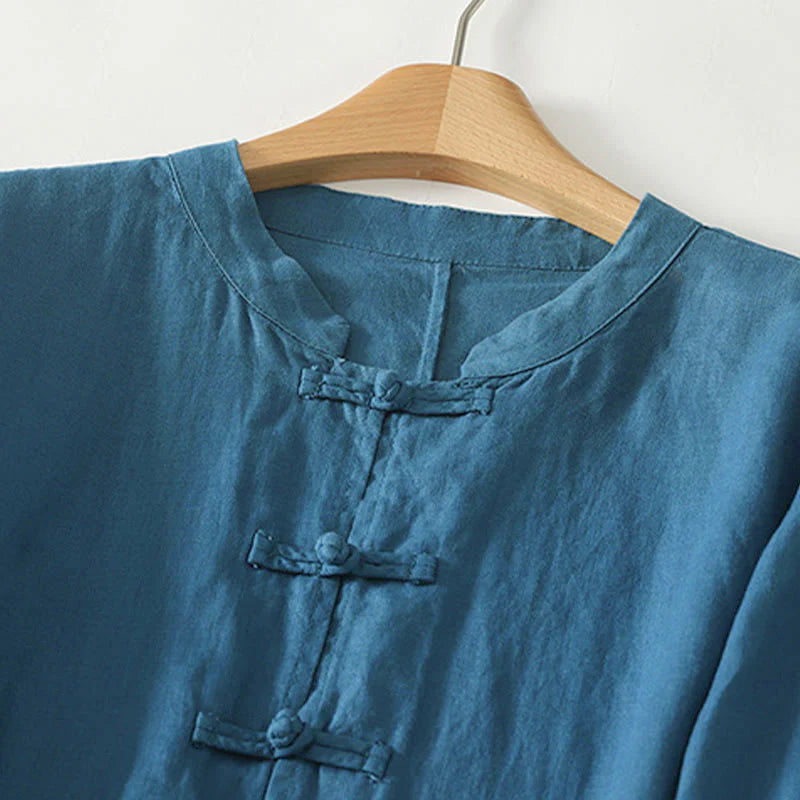 Buddha Stones Fall Solid Color Frog-Button Stand Collar Three Quarter Sleeve Mid-length Women's Cotton Shirt