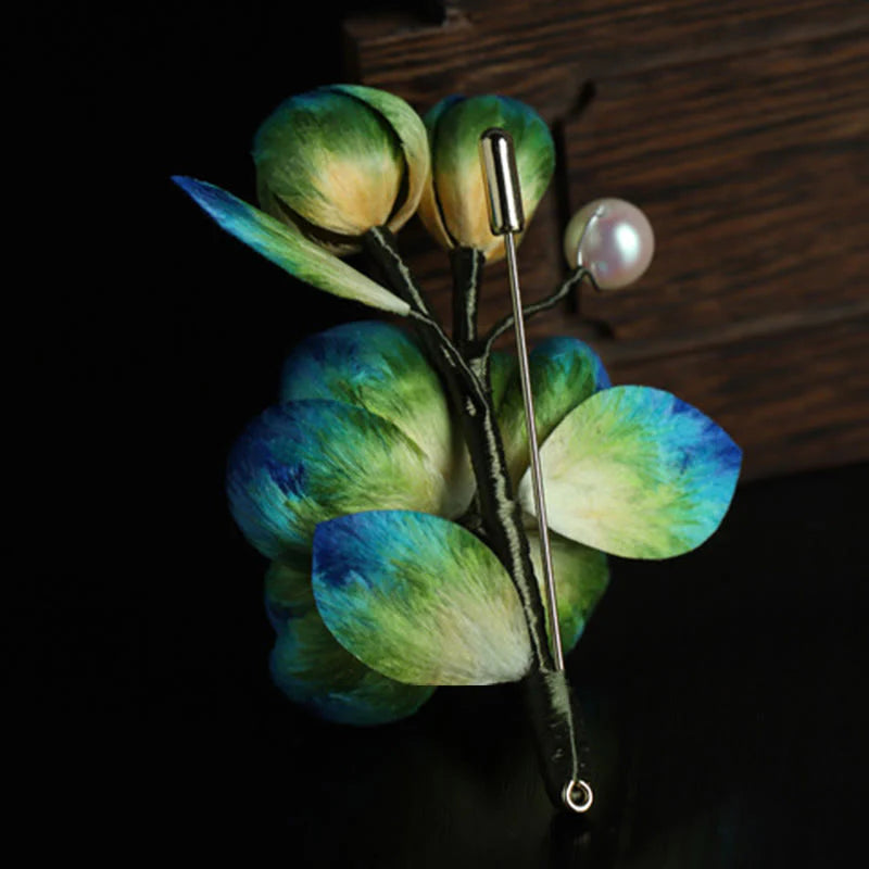 Buddha Stones Handmade Silk Art Velvet Camellia Blessing Protection Brooch