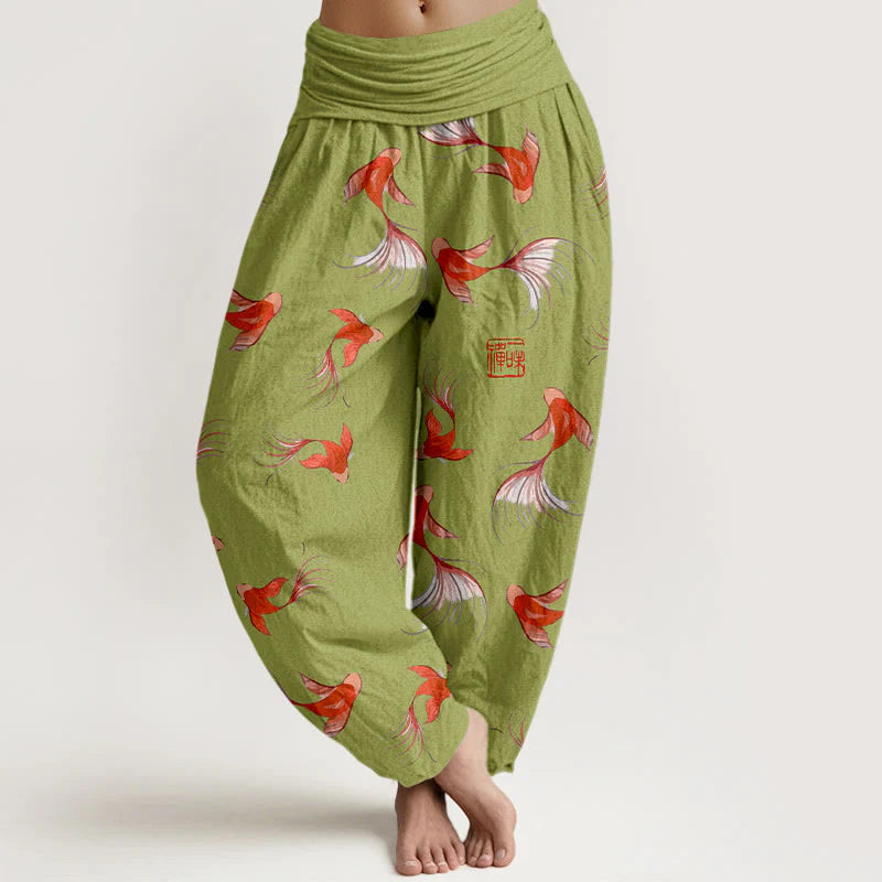 Buddha Stones Print Pure Cotton Koi Fish Pattern Women's Elastic Waist Harem Pants
