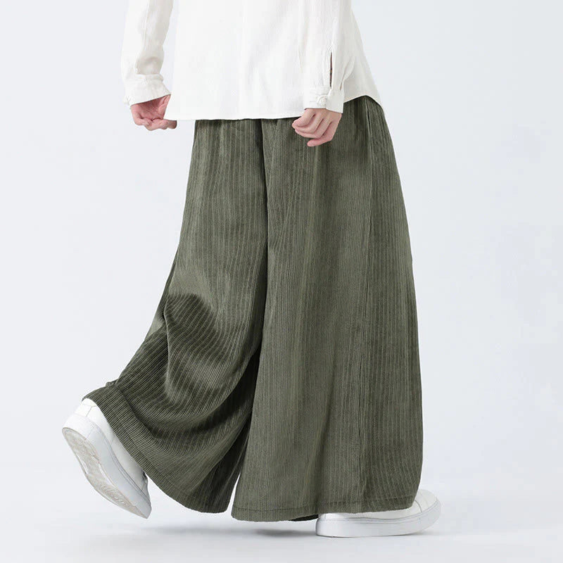 Buddha Stones Casual Embroidery Drawstring Design Men's Corduroy Wide Leg Pants With Pockets