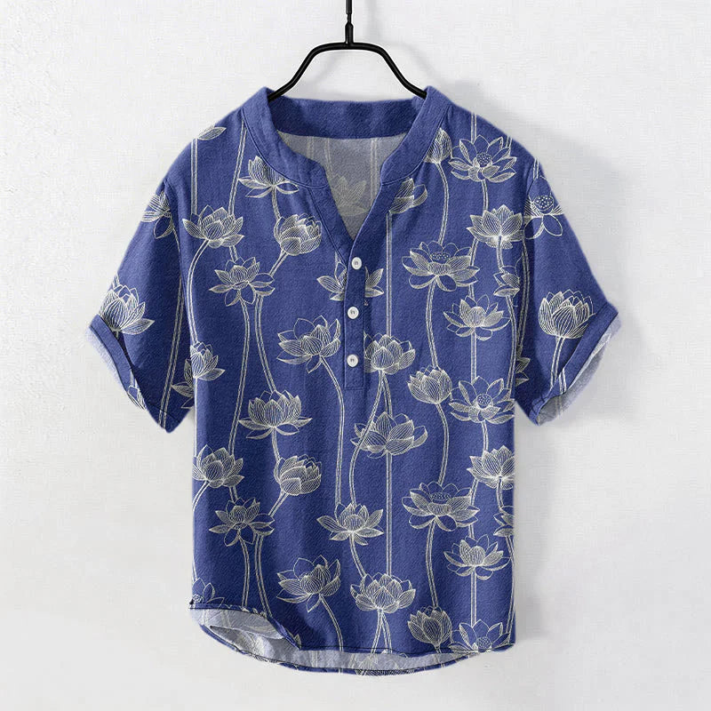 Buddha Stones Cotton Harmonious Lotus Pattern Men's Short Sleeve Half Button Shirt