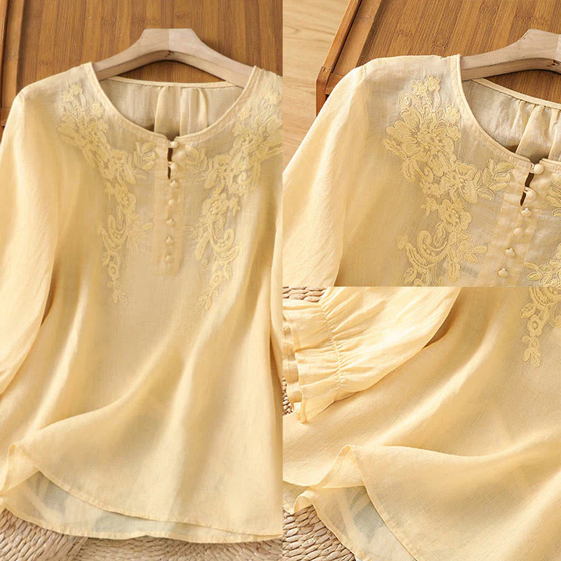 Buddha Stones Flower Vines Embroidery Button Crew Neck Three Quarter Sleeve Women's Cotton Shirt