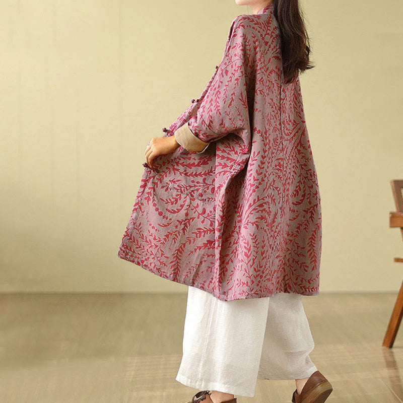 Buddha Stones Frog-button Vine Leaves Women's Coat With Pockets