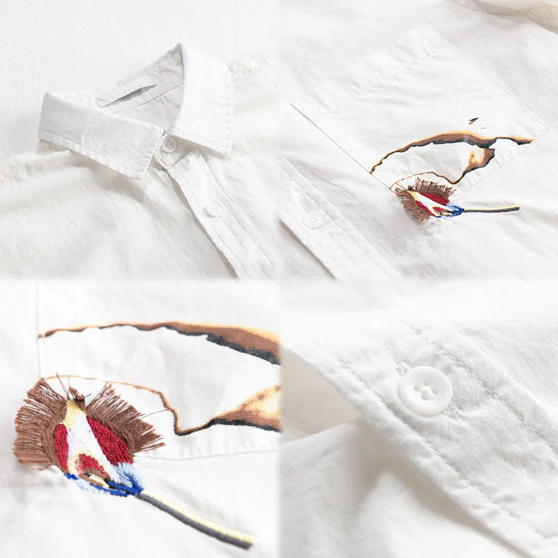 Buddha Stones Summer Buttons Down Bird Embroidery Decorative Pocket Men's Short Sleeve Cotton Shirt