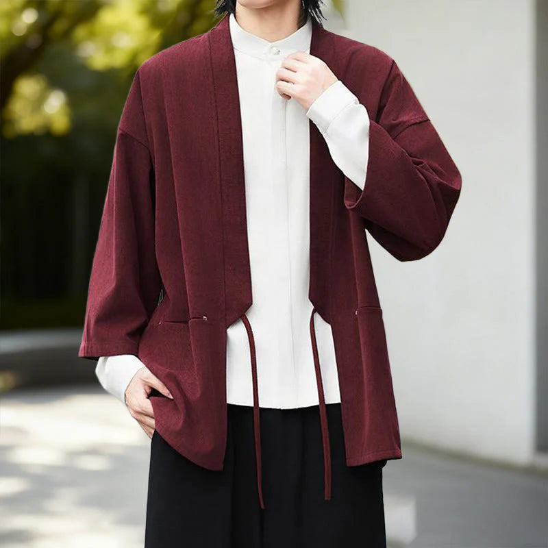 Buddha Stones Solid Color Open Front Long Sleeve Corduroy Jacket Men's Kimono Cotton Linen Shirt