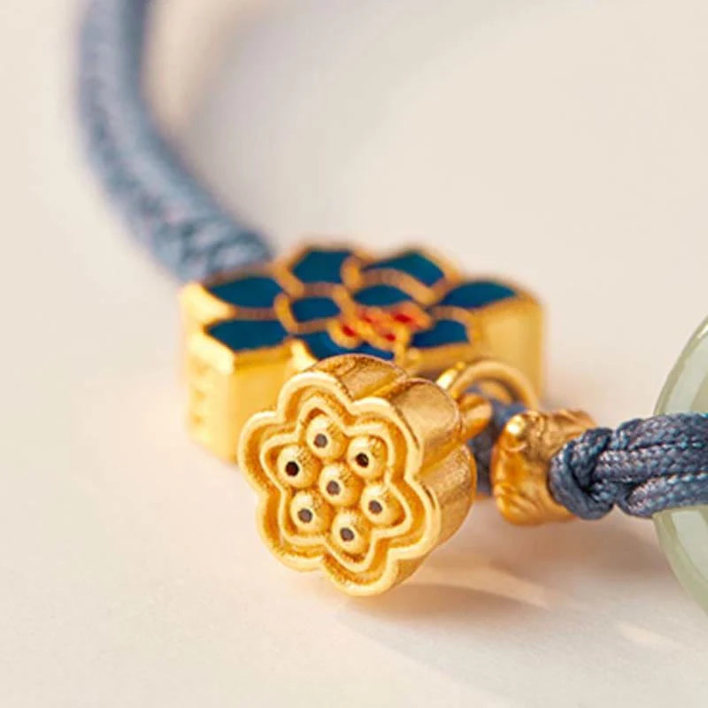 Buddha Stones Hetian Jade Lotus Peace Buckle Braided Rope Fortune Bracelet