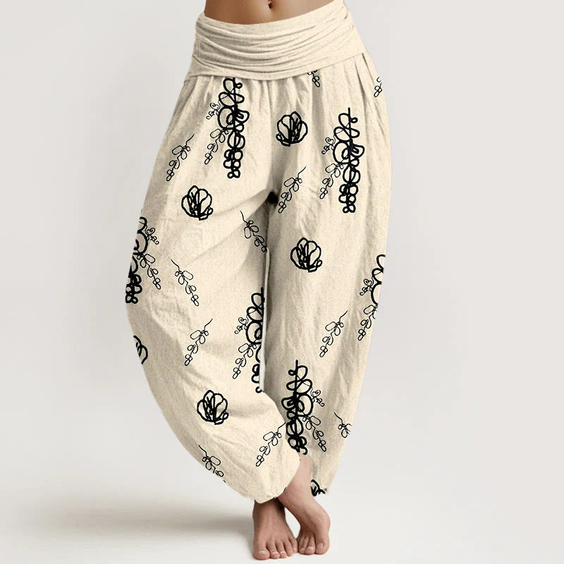 Buddha Stones Print Hand-painted Flowers Branches Pattern Women's Elastic Waist Harem Cotton Pants