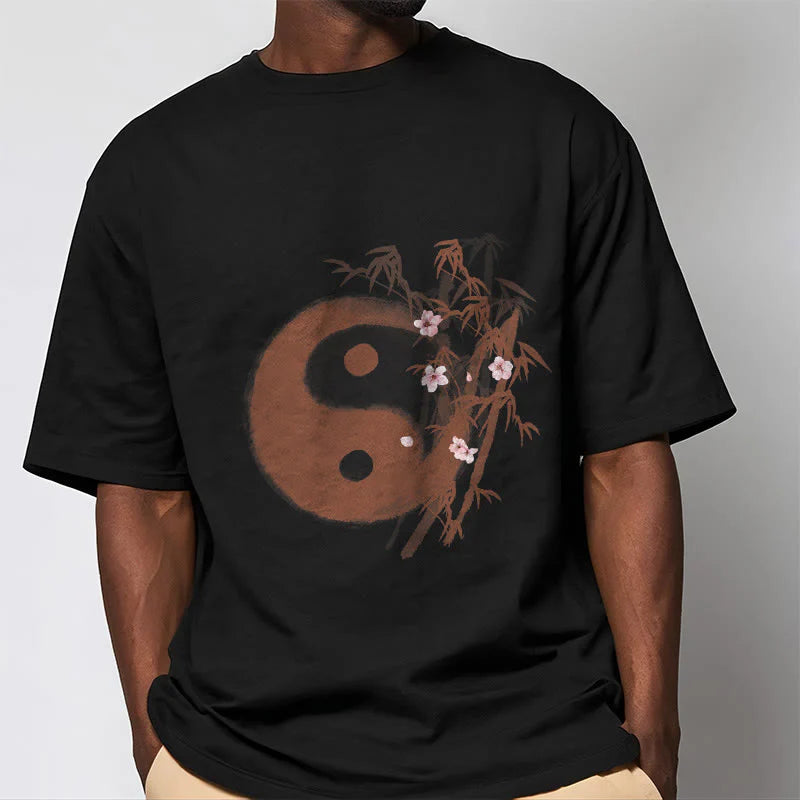 Buddha Stones Yin Yang Bamboo Cherry Blossom Pattern Tee T-shirt