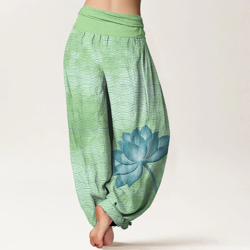 Buddha Stones Cotton Light Color Lotus Wavy Lines Pattern Women's Elastic Waist Harem Pants