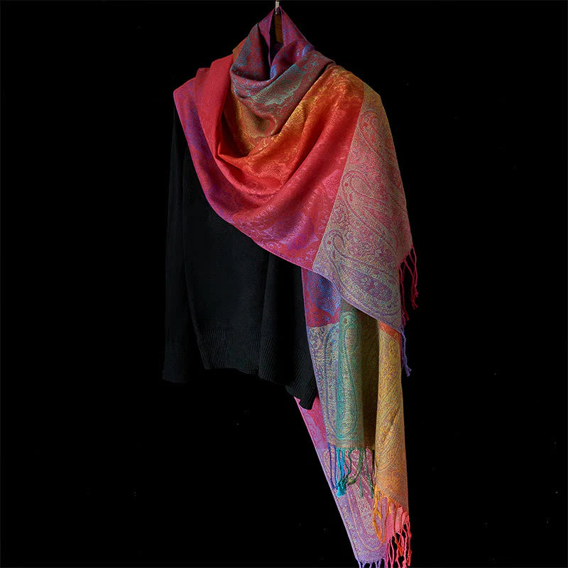 Buddha Stones Spring Colorful Gradient Cashew Flower Pattern Tassel Cozy Scarf Shawl