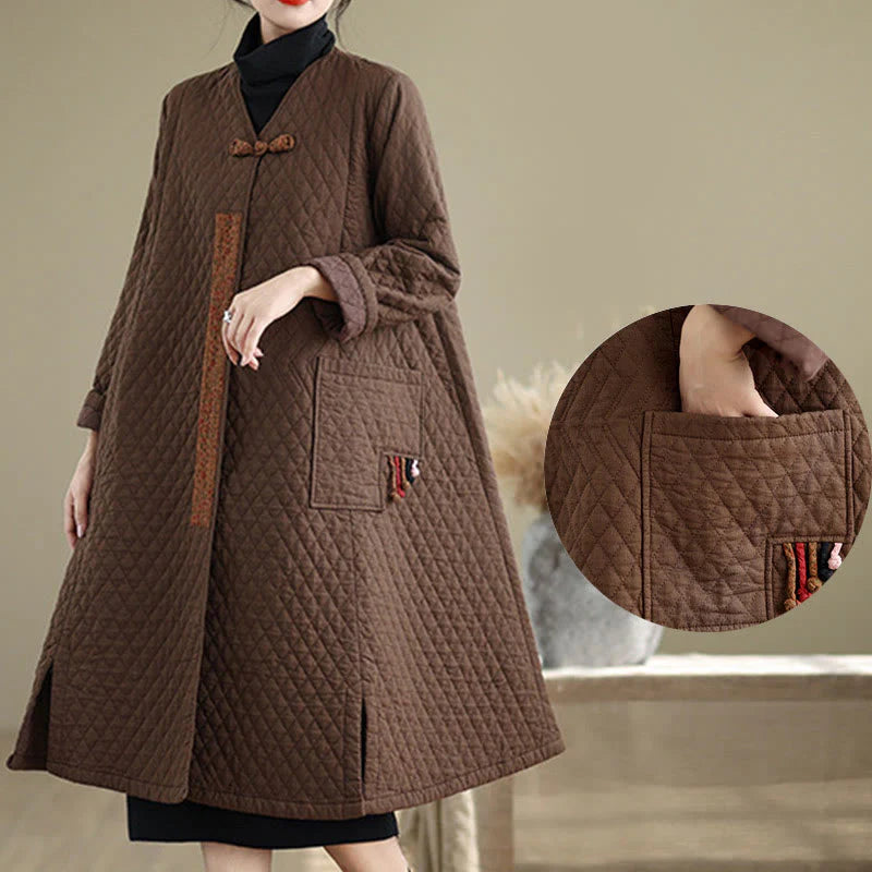Buddha Stones Diamond Pattern Mid-length Women's Cotton Coat With Pockets