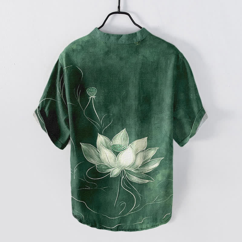 Buddha Stones Cotton Lotus Pattern Men's Short Sleeve Half Button Shirt