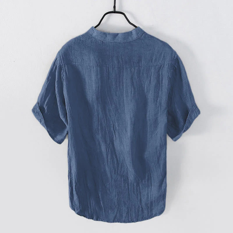 Buddha Stones Solid Color Short Sleeve Half Button Shirt Cotton Linen Men Clothing