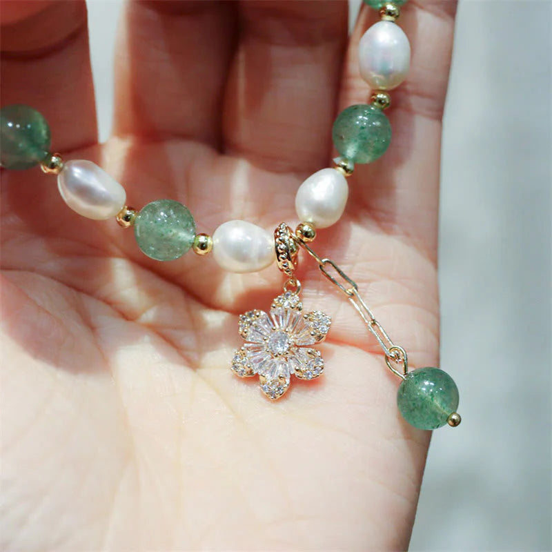 Buddha Stones Natural Green Strawberry Quartz Pearl Flower Charm Love Bracelet