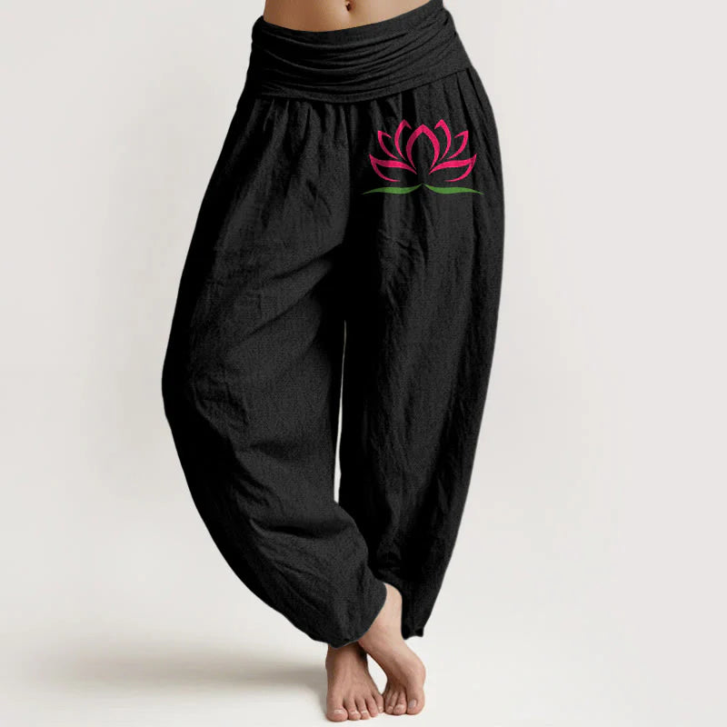 Buddha Stones Simple Design Pink Lotus Pattern Pure Cotton Women's Elastic Waist Harem Pants