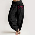 Buddha Stones Simple Design Pink Lotus Pattern Pure Cotton Women's Elastic Waist Harem Pants