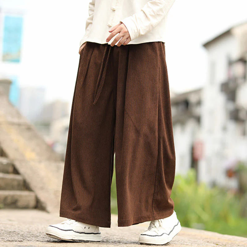 Buddha Stones Fall Solid Color Drawstring Design Men's Corduroy Wide Leg Pants With Pockets