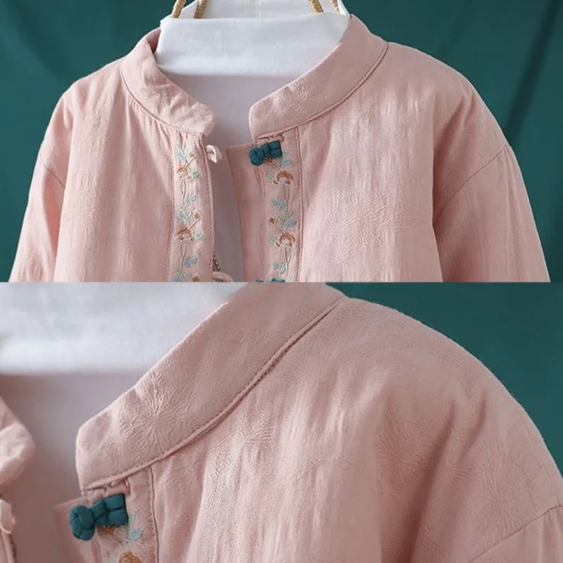 Buddha Stones Winter Frog-Button Embroidery Flowers Vines Open Front Cotton Long Sleeve Women's Thermal Jacket