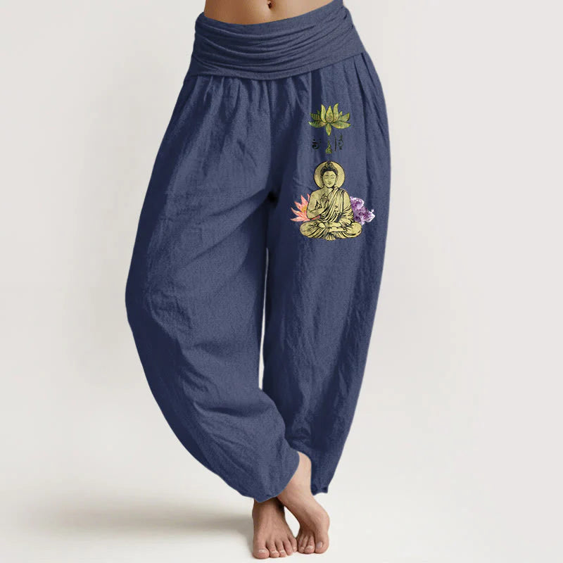 Buddha Stones Pure Cotton Traditional Lotus Buddha Pattern Women's Elastic Waist Harem Pants