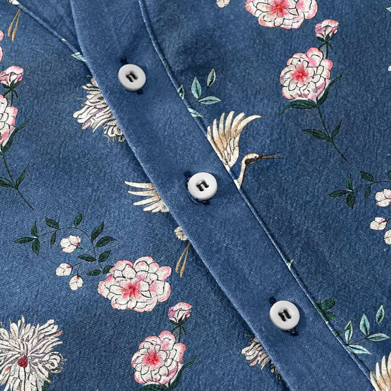 Buddha Stones Cotton Crane Floral Print Men's Short Sleeve Half Button Shirt