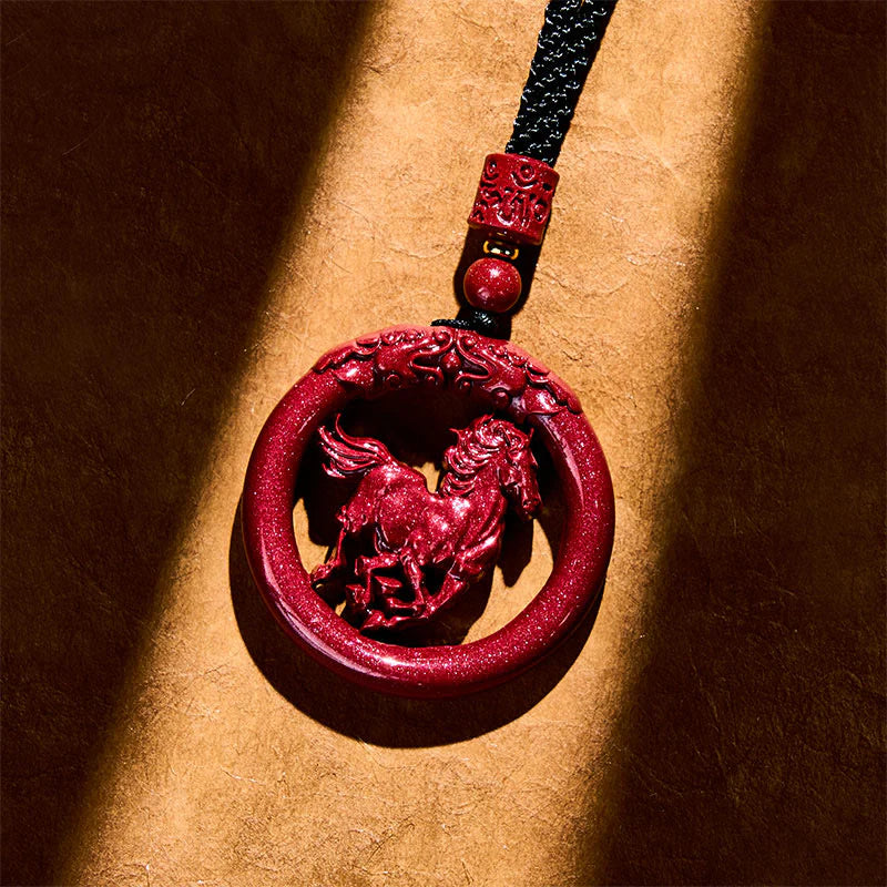 Buddha Stones Year Of The Horse Carving Peace Buckle Natural Cinnabar Concentration Necklace Pendant