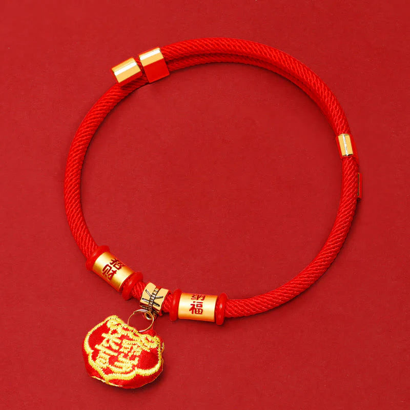 Buddha Stones Red String Plaited Embroidery Tiger Fu Character Protection Adjustable Cats Dogs Pet Collar