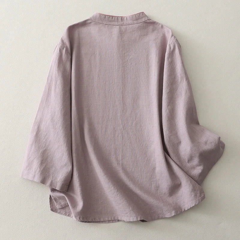 Buddha Stones Plain Slanted Buttons Cotton Linen Women's Shirt