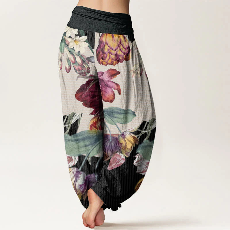 Buddha Stones Cotton Tulips Green Leaves Design Women's Elastic Waist Harem Pants