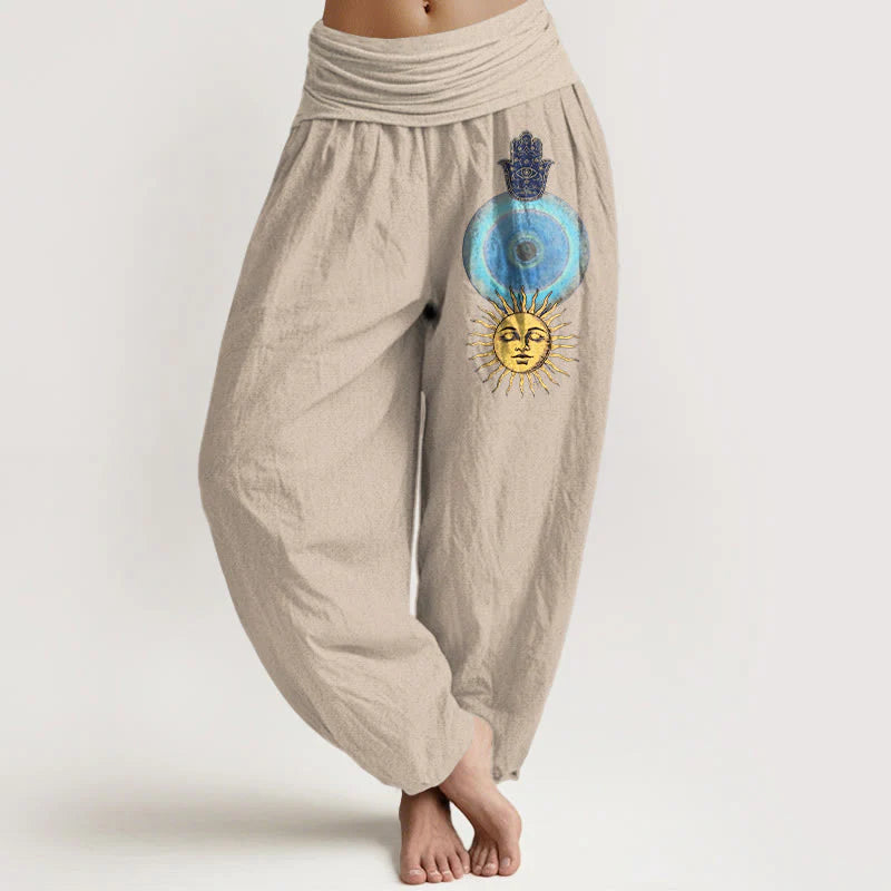 Buddha Stones Pure Cotton Minimalist Style Hamsa's Hand Sun Pattern Women's Elastic Waist Harem Pants