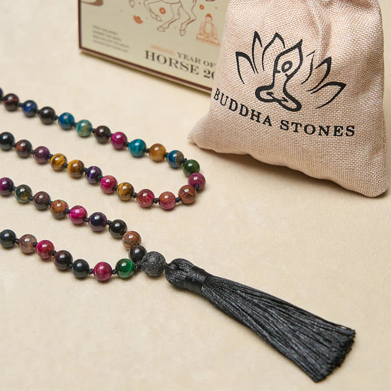 Buddha Stones Multicolored Yellow Tiger Eye Green Tiger Eye Blue Tiger Eye Red Tiger Eye Beaded Tassel Strength Mala