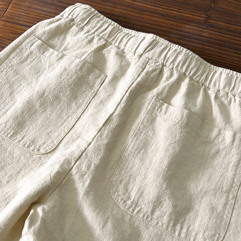 Buddha Stones Casual Solid Color Simple Design Drawstring Ramie Linen Men's Pants With Pockets
