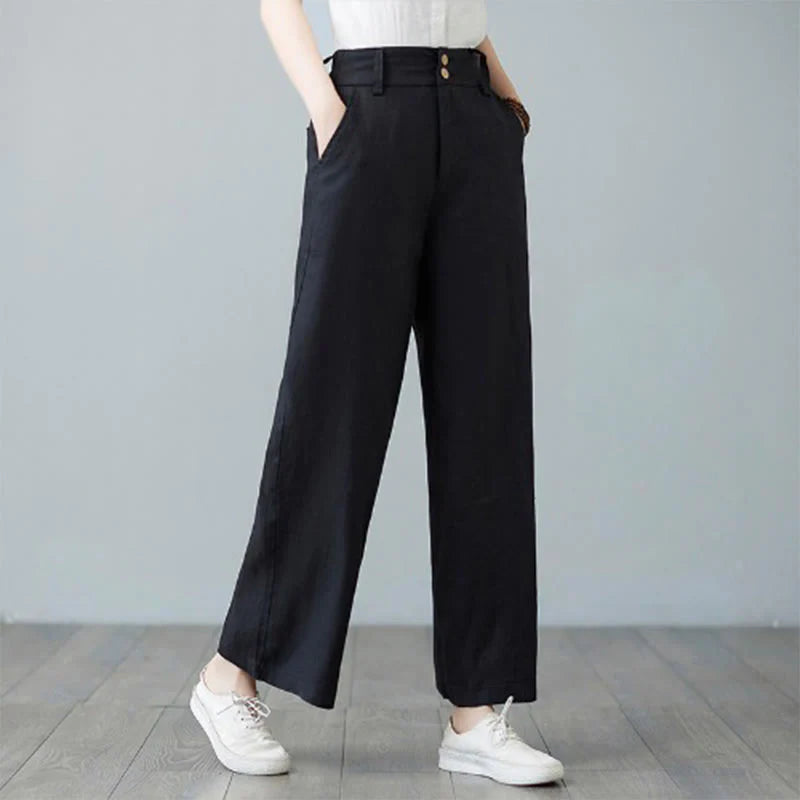 Buddha Stones Daily Solid Color Patchwork Simple Design Cotton Linen Women's Pants With Pockets