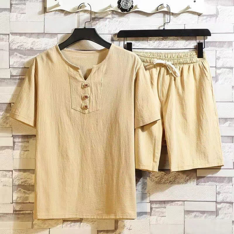 Buddha Stones 2Pcs Short Sleeve T-Shirt Drawstring Short Pants With Pockets Men's Cotton Linen Meditation Cloth Set
