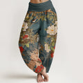 Buddha Stones Cotton Casual Peony Flowers Leaves Magpie Women's Elastic Waist Harem Pants