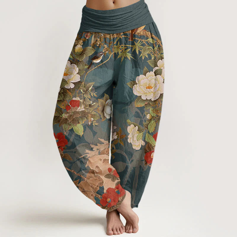 Buddha Stones Cotton Casual Peony Flowers Leaves Magpie Women's Elastic Waist Harem Pants