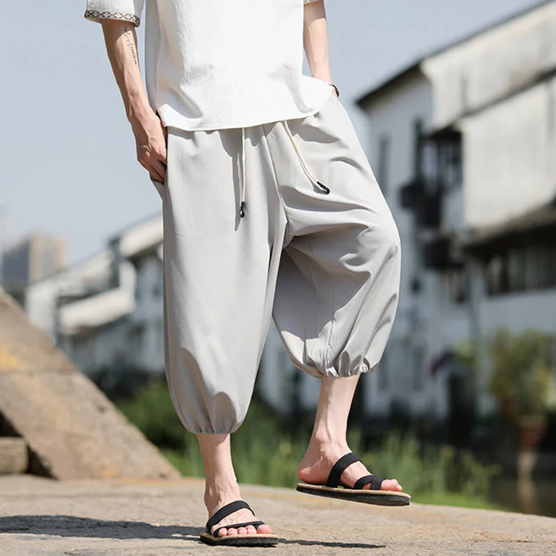Buddha Stones Solid Drawstring Men's Capri Cropped Harem Pants With Pockets