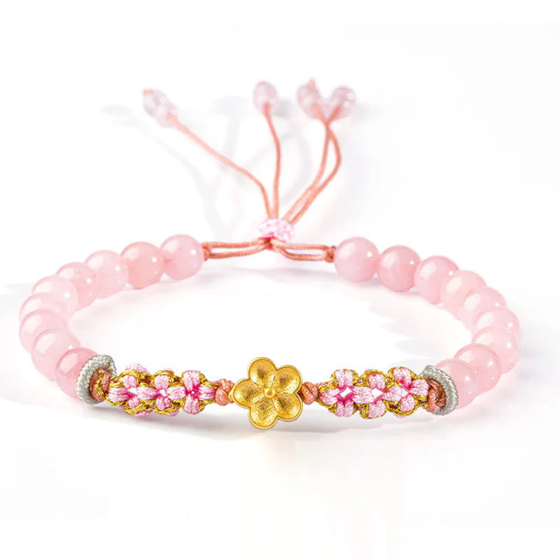 Buddha Stones 999 Sterling Silver Natural Red Agate Pink Crystal Cherry blossom Bracelet
