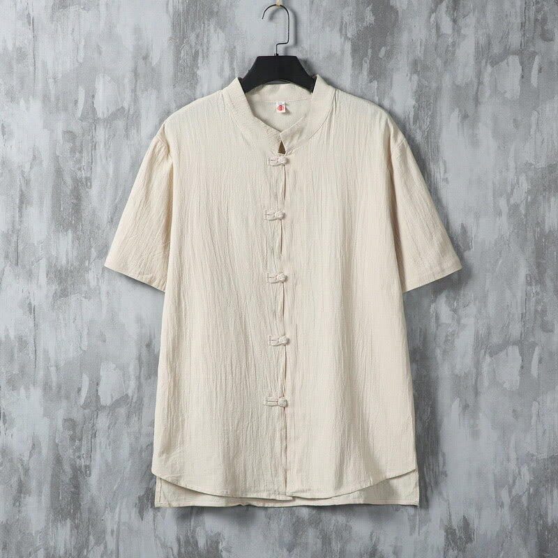 Buddha Stones Summer Plain Tang Suit Frog-Button Design Men's Short Sleeve Cotton Shirt