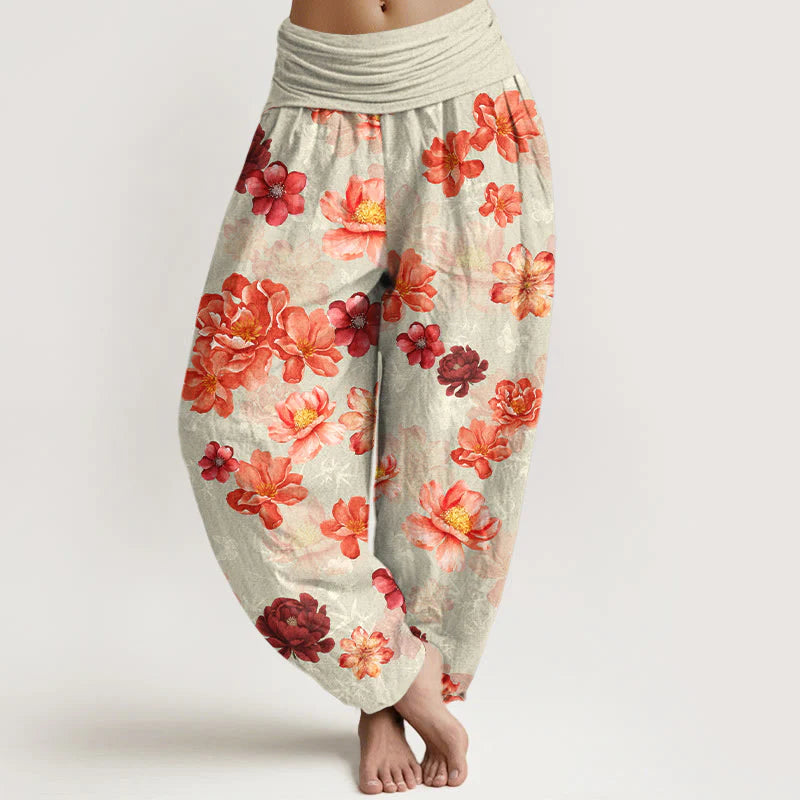 Buddha Stones Cotton Intensely Colored Flower Pattern Women's Elastic Waist Harem Pants