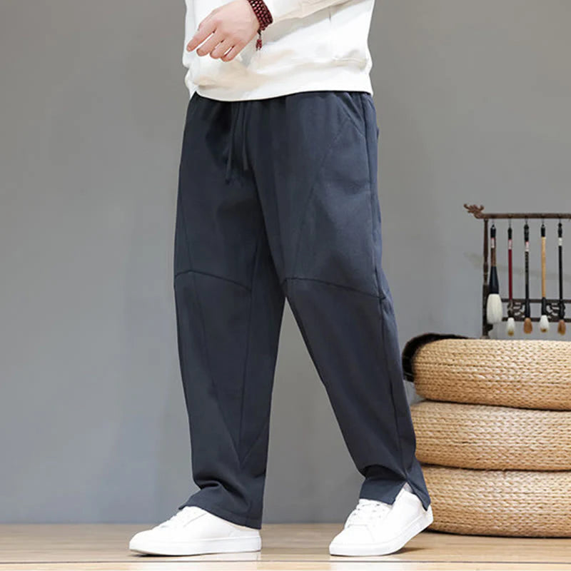 Buddha Stones Winter Solid Color Fleece-lined Men's Cotton Linen Pants With Pockets