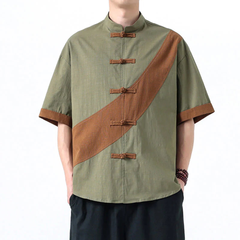 Buddha Stones Spring Color Contrast Chinese Frog-Button Design Men's Half Sleeve Cotton Linen Shirt