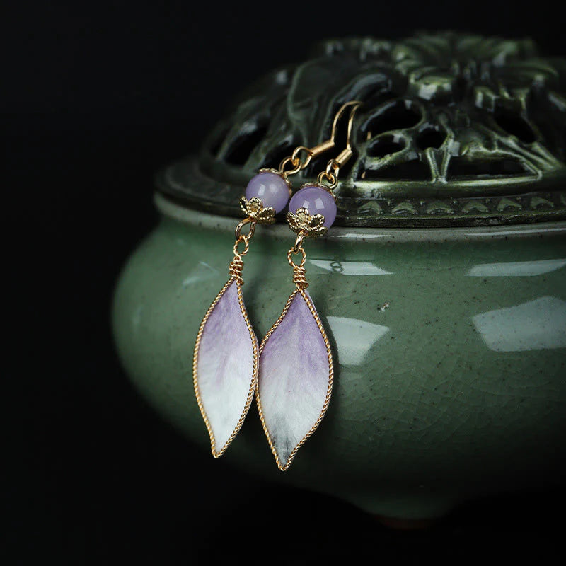 Buddha Stones Silk Art Handmade Purple Gradient Petals Blessing Dangle Earrings