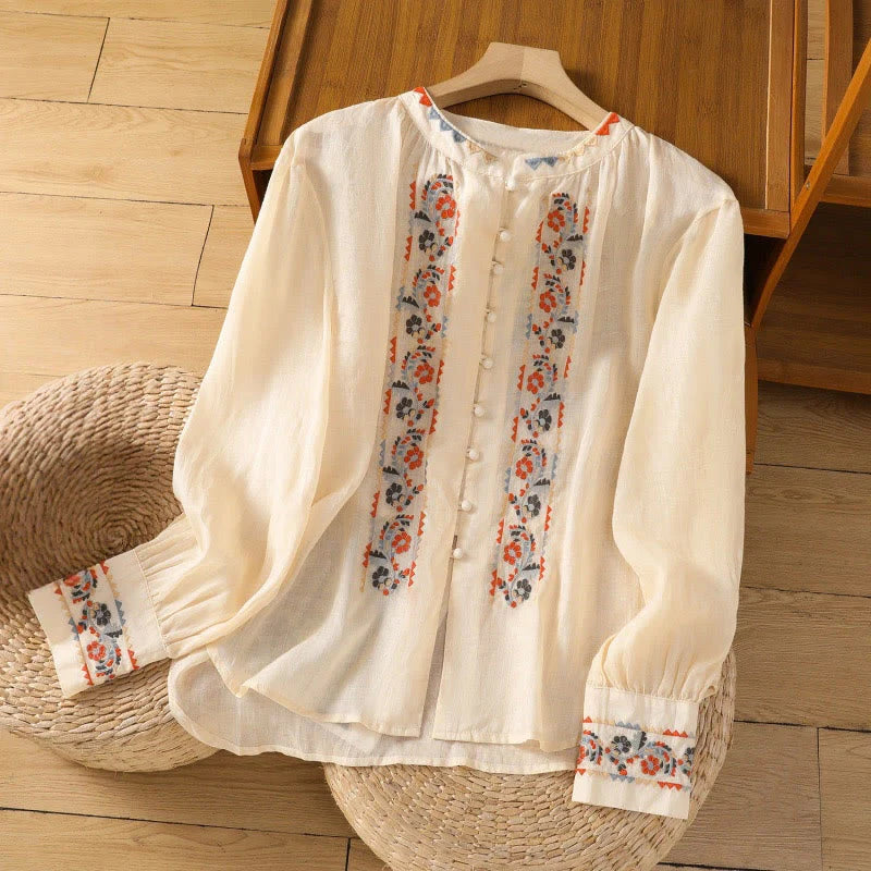 Buddha Stones Vintage Embroidery Single Row Multi-Button Placket Design Women's Cotton Linen Long Lantern Sleeve Shirt
