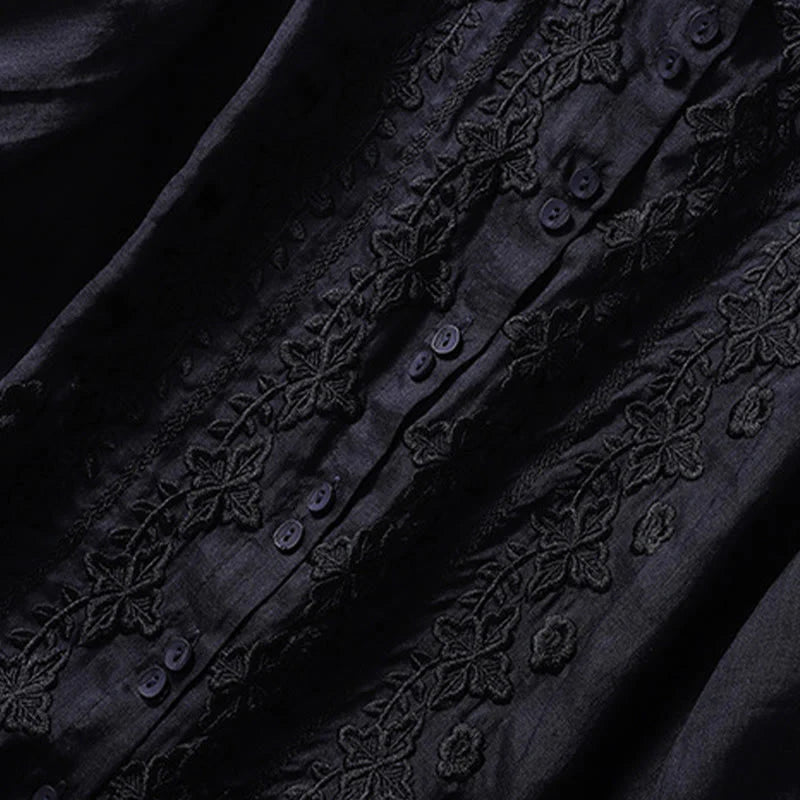 Buddha Stones Summer Plain Button Embroidery Flower Pattern Three Quarter Sleeve Lapel Cotton Linen Women's Shirt